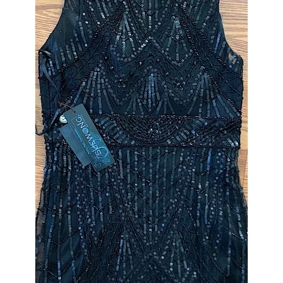 SUE WONG 10 Black Sequin Embellished Beaded Formal Cocktail Illusion Bac… - Picture 13 of 14
